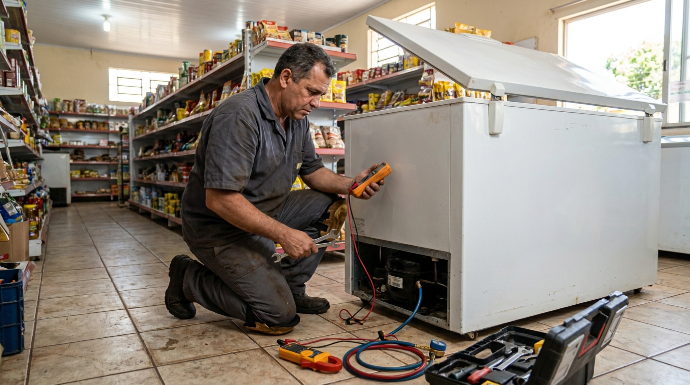Troca de termostato de freezer em atendimento técnico em Viamão‑RS